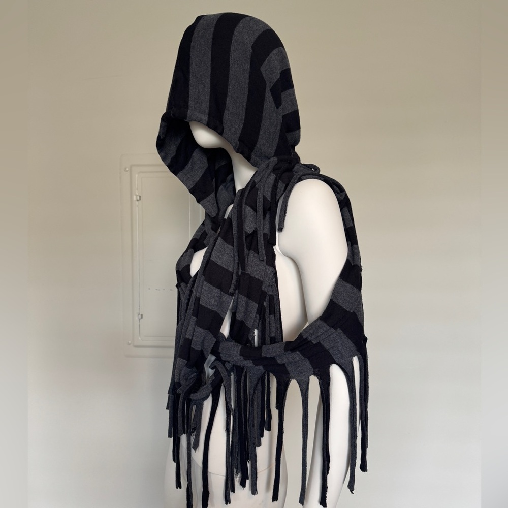 Oversized Striped Black and Gray Hooded Fringe Scarf